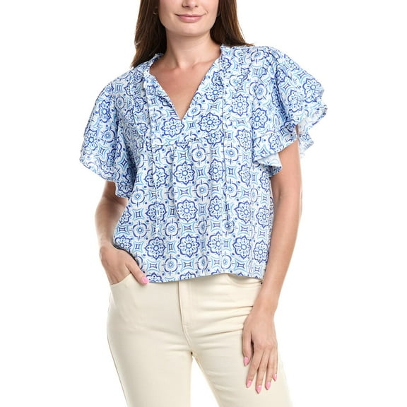 Sail to Sable womens Ruffle Sleeve Linen-Blend Top, l, Blue