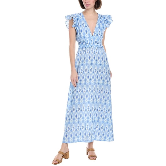 Sail to Sable womens V-Neck Flutter Sleeve Linen-Blend Maxi Dress, l, Blue