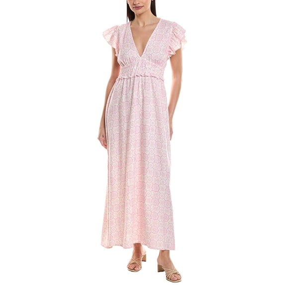 Sail to Sable womens V-Neck Flutter Sleeve Linen-Blend Maxi Dress, l, Pink