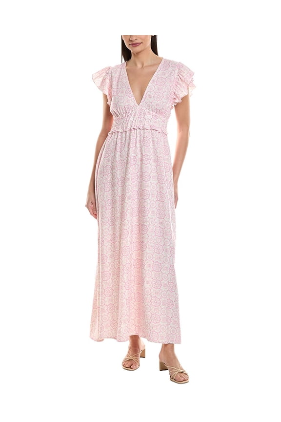 womens V-Neck Flutter Sleeve Linen-Blend Maxi Dress, m, Pink