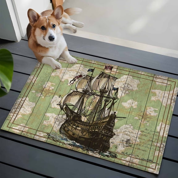 Sailboat 2x3 Area Rugs for Living Room, Vintage Boat Green Map Texture Brown Stripes Non Slip Floor Mat Washable Low-Profile Indoor Carpet for Bedroom, Dining Room, Bathroom