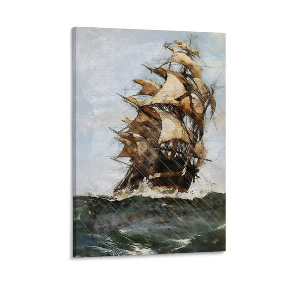 Sailboat Abstract Colourful Art Ancient Wooden Boat Ship Seascape Painting 2 Canvas Poster Wall Art Picture Prints Hanging Photo Gift Decor Home Posters Artworks 16x24inch(40x60cm)