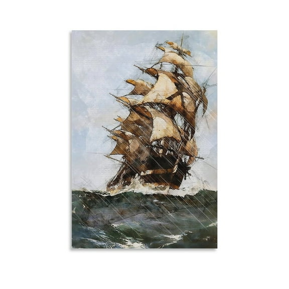 Sailboat Abstract Colourful Art Ancient Wooden Boat Ship Seascape Painting 2 Picture Print Canvas Poster Wall Paint Art Posters Decor Modern Home Artworks Gift 16x24inch(40x60cm)