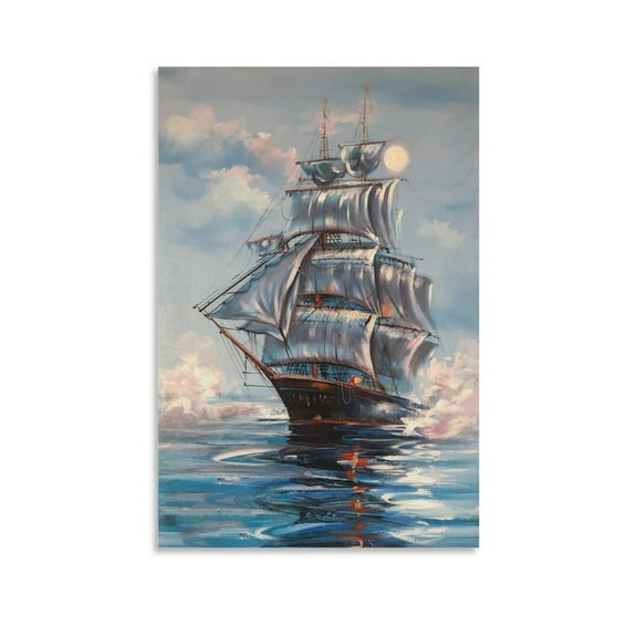 Sailboat Abstract Colourful Art Ancient Wooden Boat Ship Sunrise Seascape Wall Art Poster Scroll Canvas Painting Picture Living Room Decor Home 12x18inch(30x45cm)