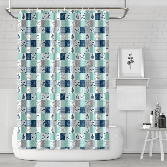 Sailboat and Anchor Pattern Shower Curtain 72x72 Inch Waterproof Polyester Fabric Bathroom Curtain with Hooks, Maritime Ocean Style for Nautical Home Decor