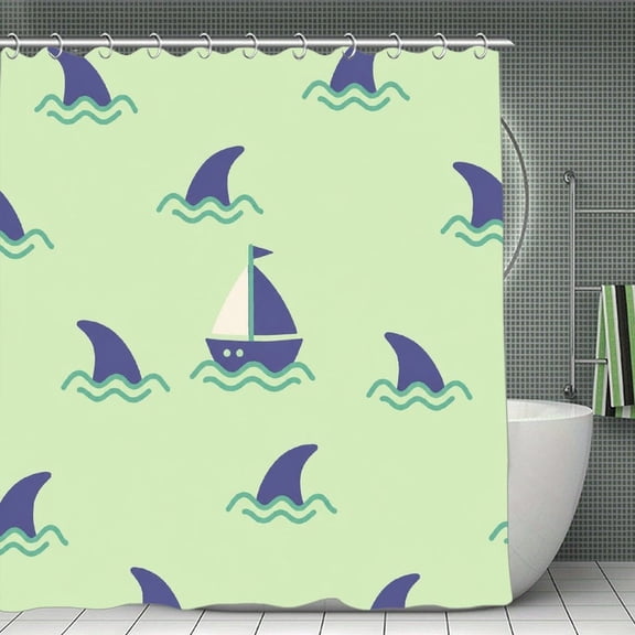 Sailboat And Shark Fin Pattern Print Shower Curtain,Cloth Fabric Waterproof Polyester Bathroom Home Decor Set with Hooks 70.870.8Inch