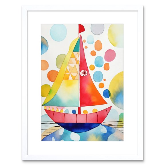 Sailboat At Sunset Folk Art Artwork Framed Print Wall Art 9X7 Inch