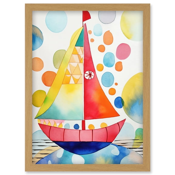 Sailboat At Sunset Folk Art Artwork Framed Wall Art Print A4