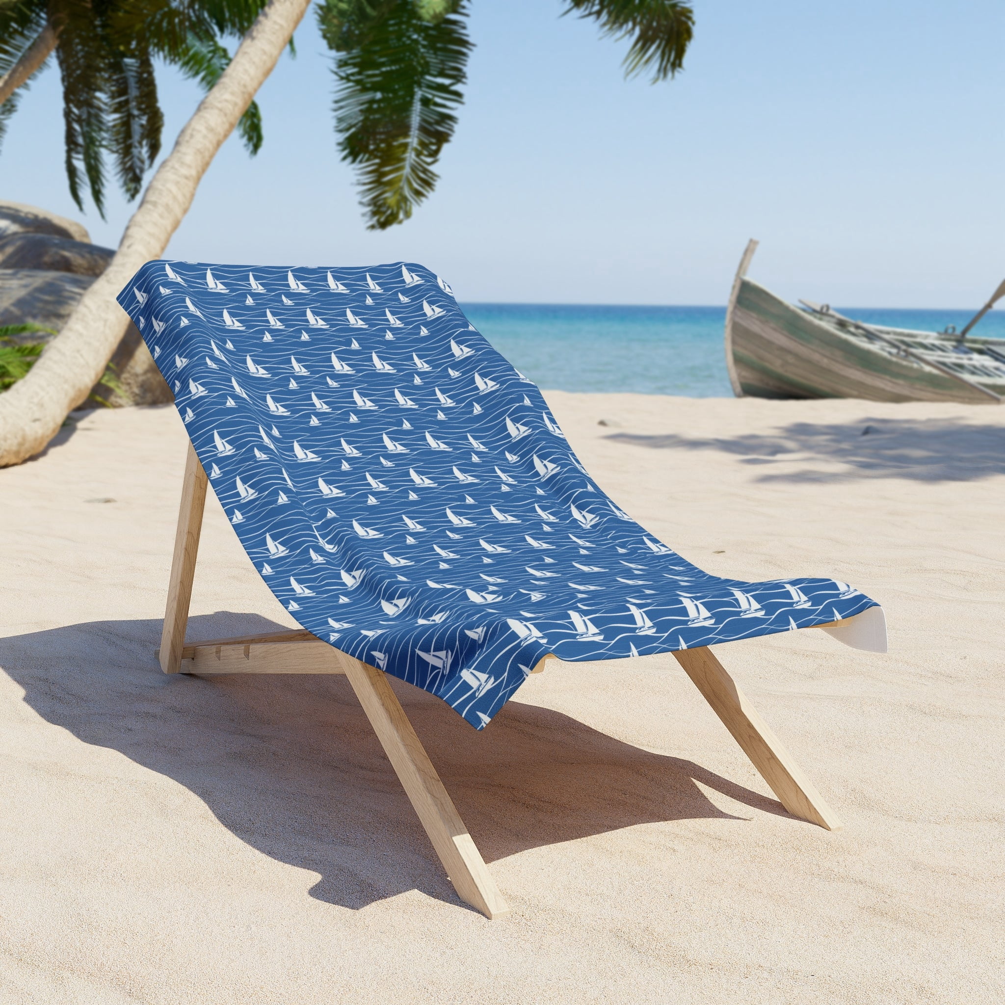 Sailboat Beach Towel with Blue Ocean Waves Design (30" &times; 60")