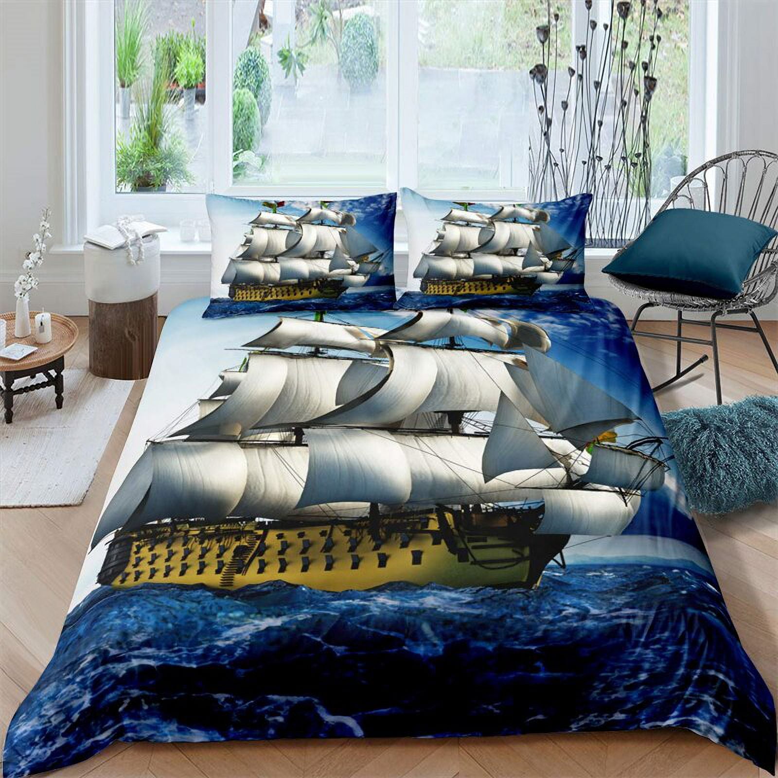 Sailboat Bedding Set Sailing Ship Comforter Cover Ocean Wave Nautical