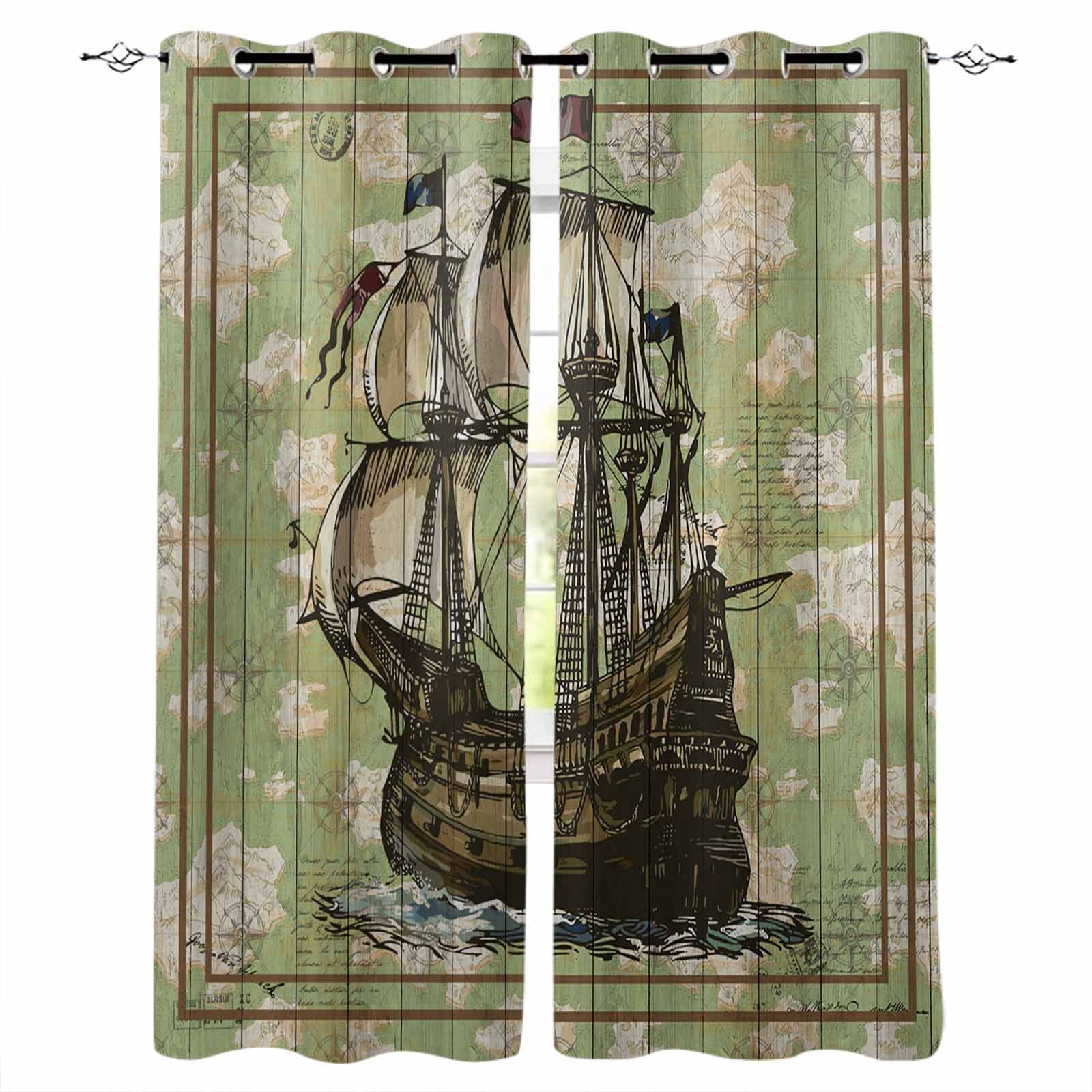 Sailboat Blackout Curtains 63 Inch Length Vintage Boat Green Map ...
