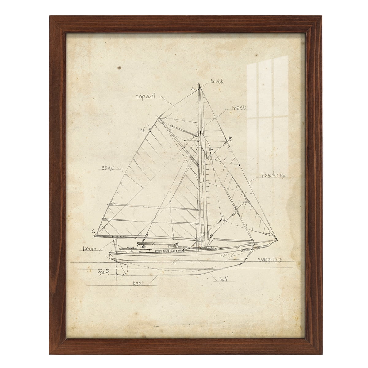 Sailboat Blueprint III -Framed Print w/glass-Chestnut