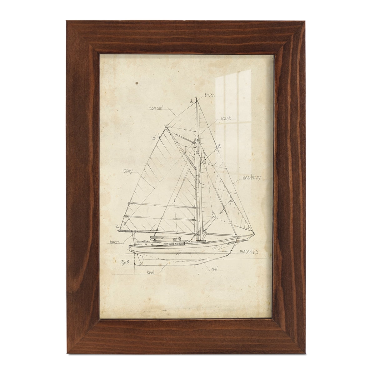 Sailboat Blueprint III -Framed Print w/glass-Chestnut