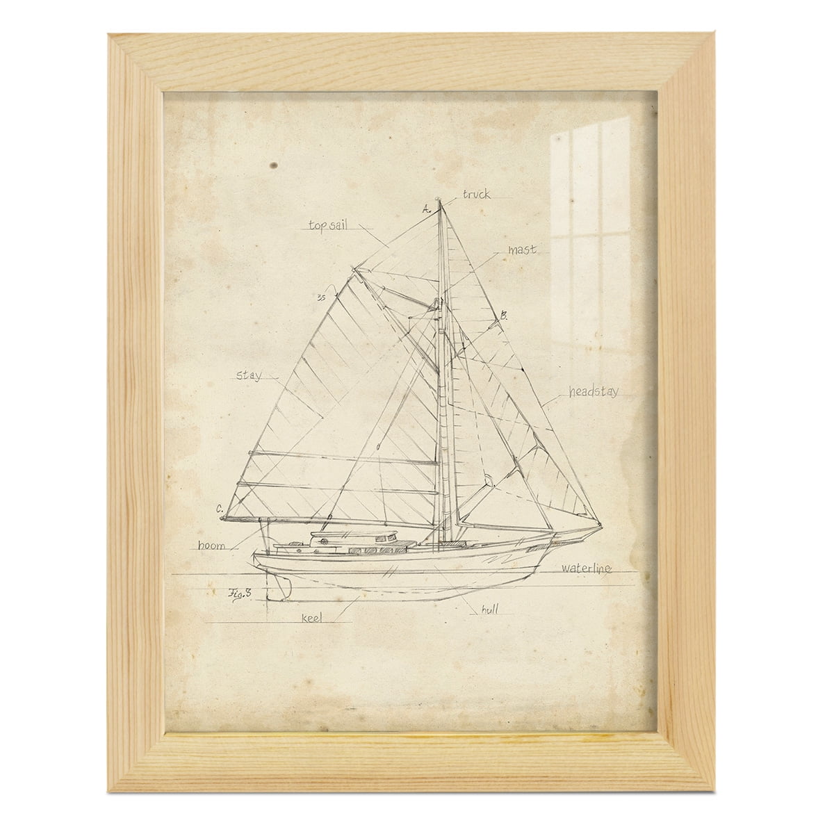 Sailboat Blueprint III -Framed Print w/glass-Natural Wood