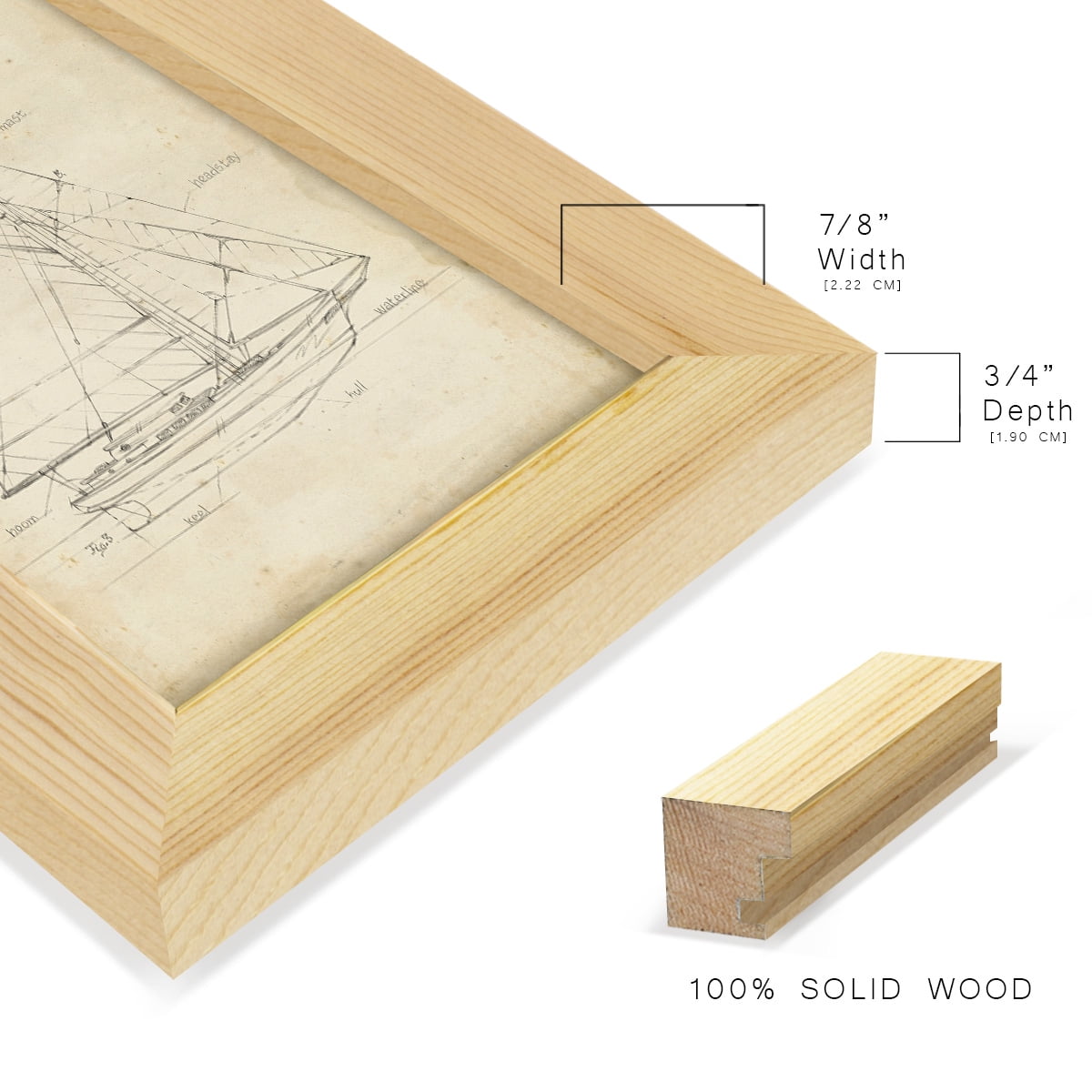 Sailboat Blueprint III -Framed Print w/glass-Natural Wood