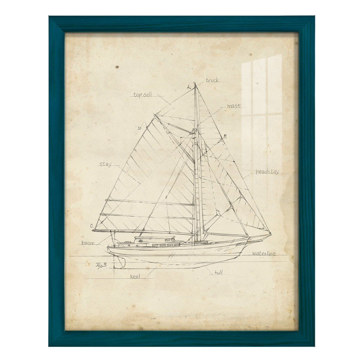 Sailboat Blueprint III -Framed Print w/glass-Ocean Blue