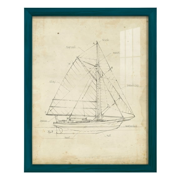 Sailboat Blueprint III -Framed Print w/glass-Ocean Blue