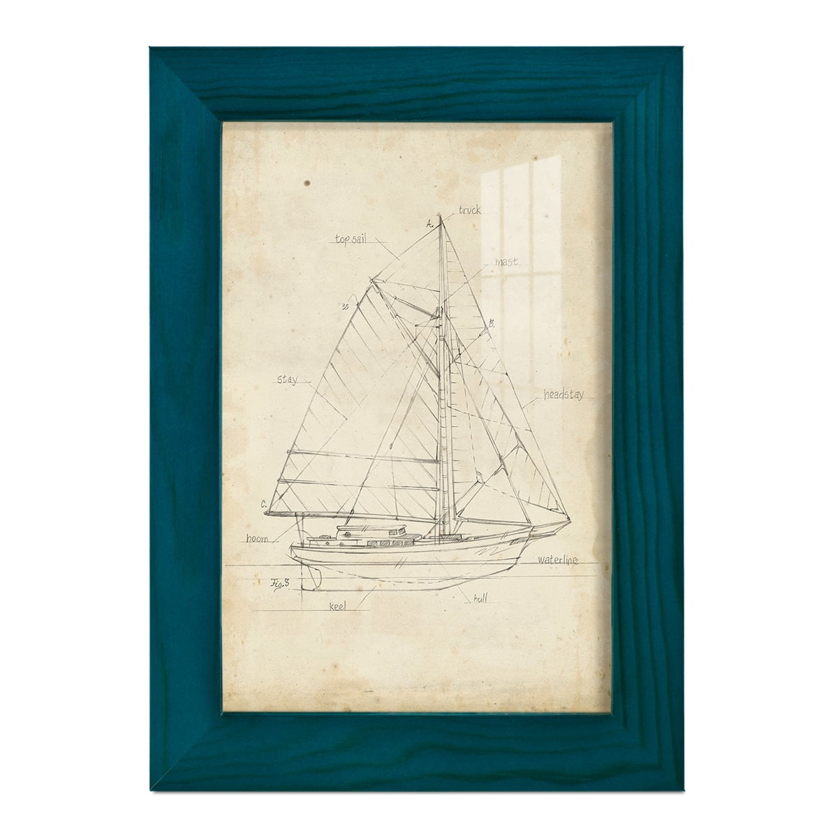 Sailboat Blueprint III -Framed Print w/glass-Ocean Blue