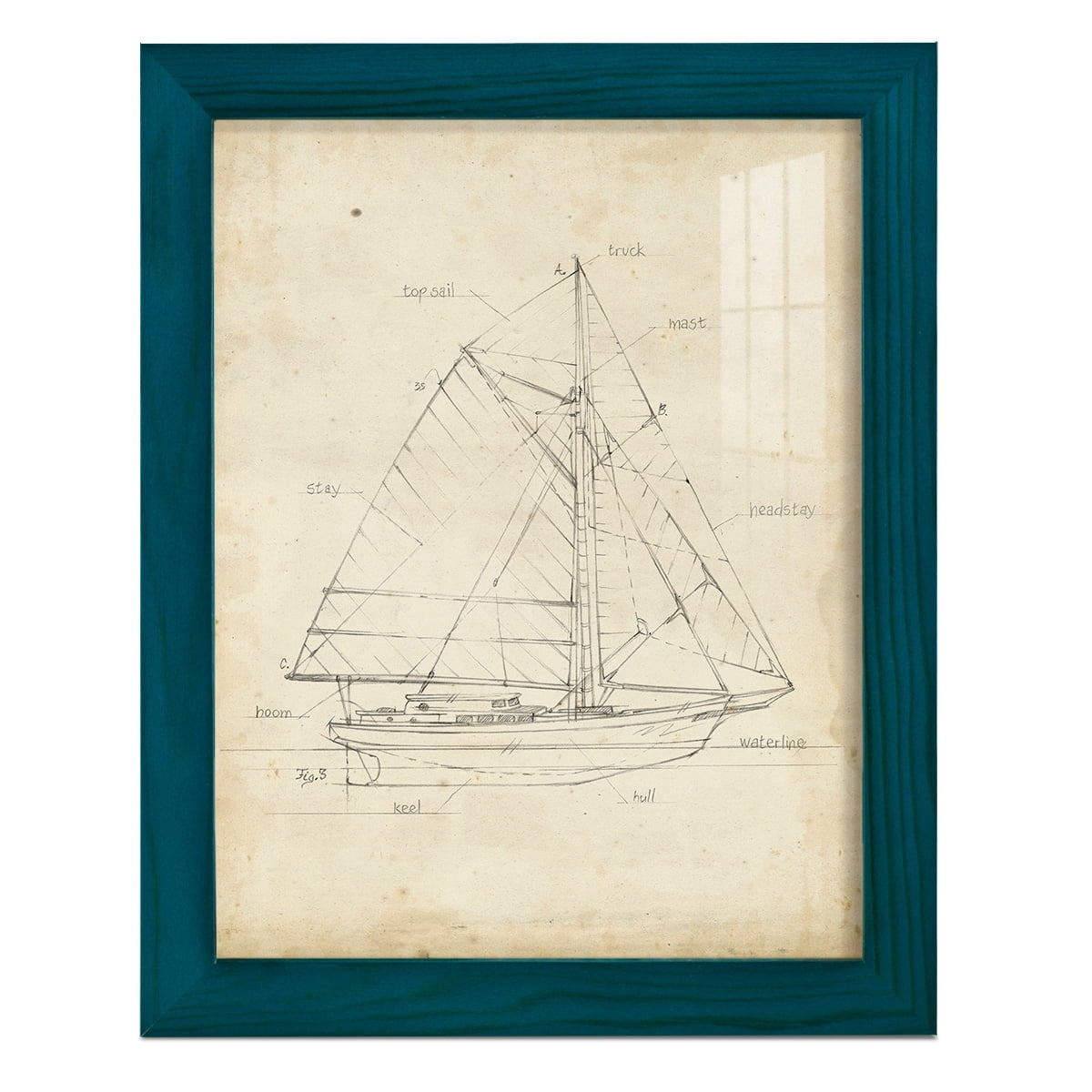 Sailboat Blueprint III -Framed Print w/glass-Ocean Blue