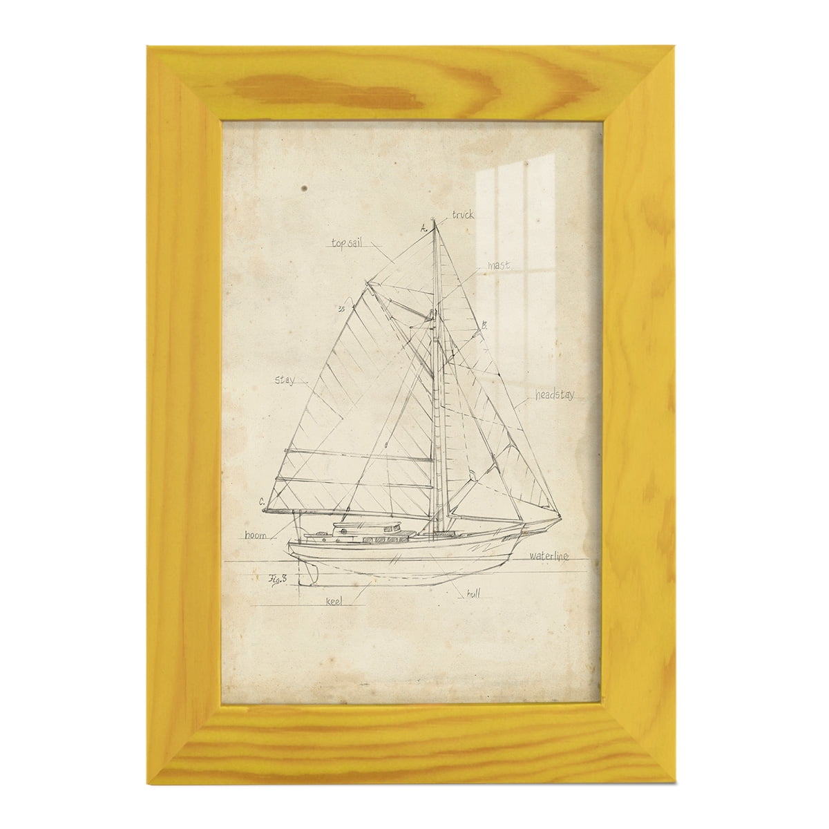 Sailboat Blueprint III -Framed Print w/glass-Sunflower Yellow
