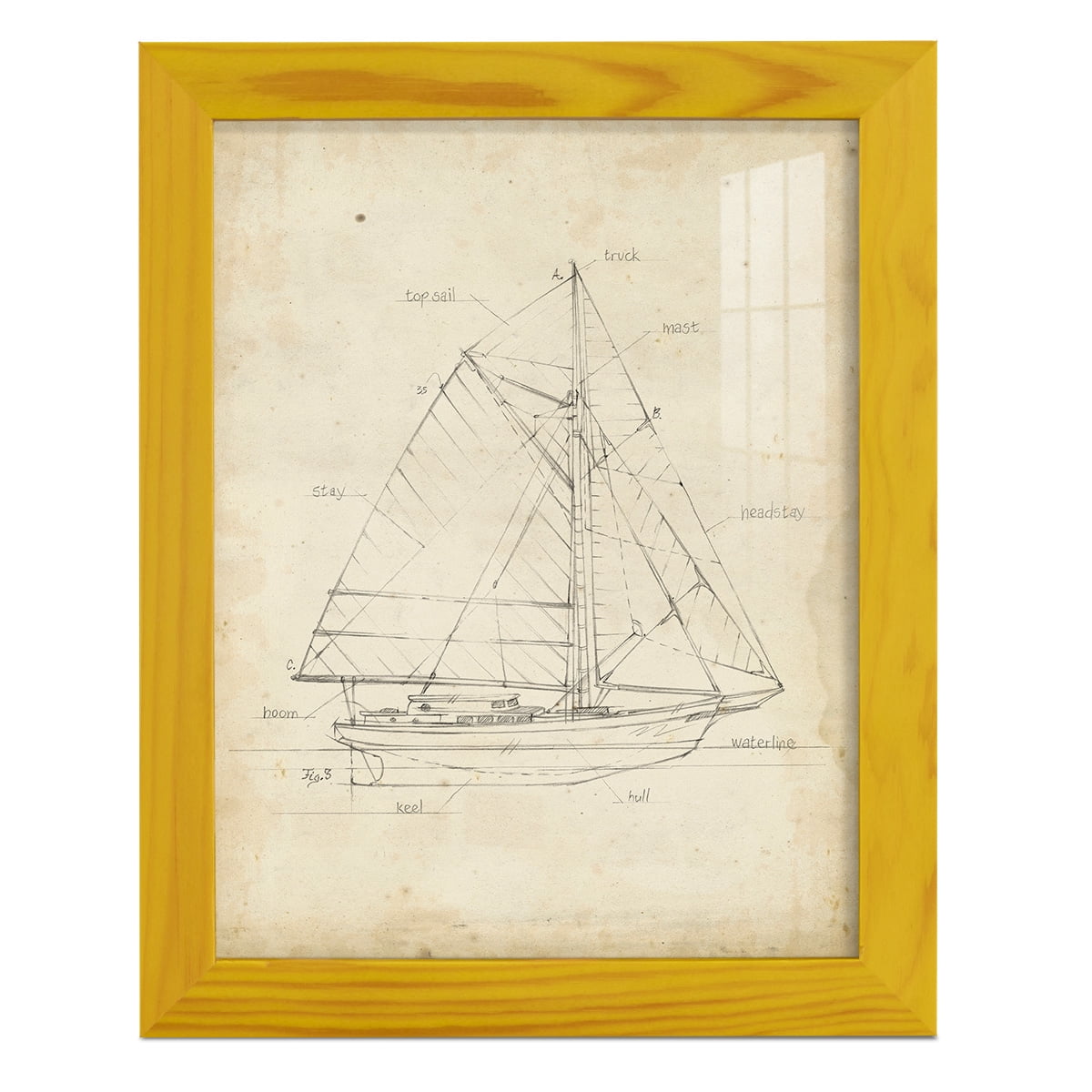 Sailboat Blueprint III -Framed Print w/glass-Sunflower Yellow