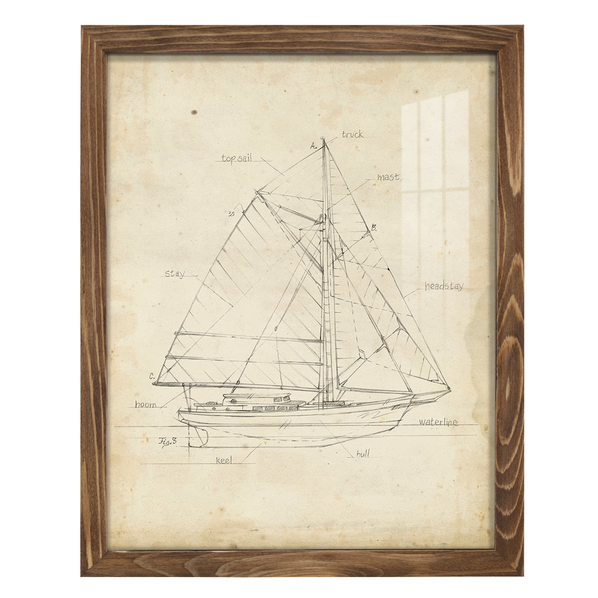 Sailboat Blueprint III -Framed Print w/glass-Walnut