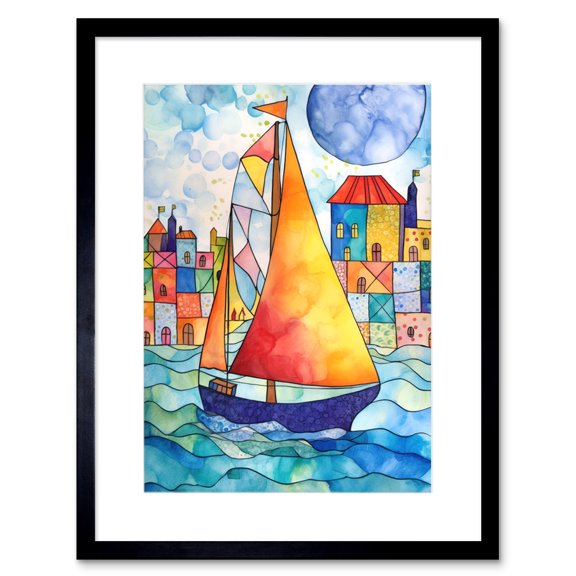 Sailboat By Harbour Folk Art Artwork Framed Print Wall Art 9X7 Inch