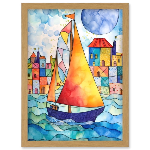 Sailboat By Harbour Folk Art Artwork Framed Wall Art Print A4
