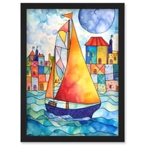 Sailboat By Harbour Folk Art Artwork Framed Wall Art Print A4