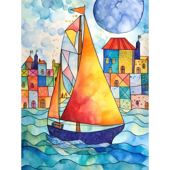 Sailboat By Harbour Modern Folk Art Large Wall Art Poster Print Thick Paper 18X24 Inch