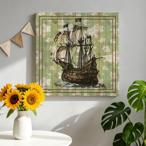 Sailboat Canvas Wall Art, Vintage Boat Green Map Texture Brown Stripes Framed Canvas Wall Decor Picture Print Artwork Decorations for Living Room Office Ready to Hang 8" x 8"