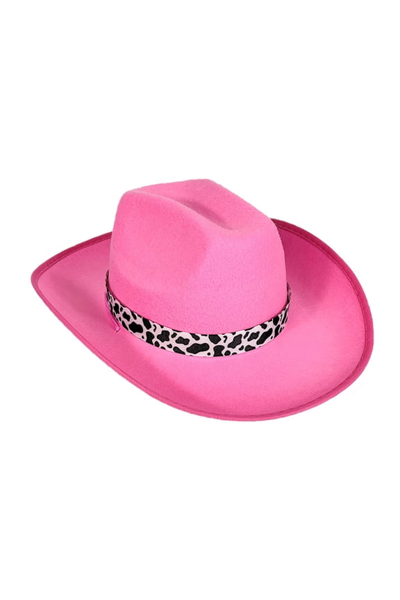 Classic Suede Cowboy Hat for Adult Wide Brim Western Cowgirl Hat Women Fedora Hat with Cow Print Hatband Pink One Size