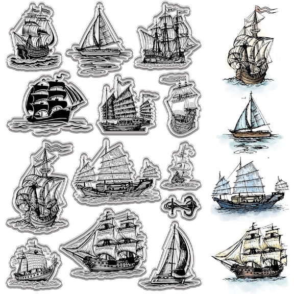 Sailboat Clear Stamps Vintage Ship Rubber Stamps Nautical Theme PVC Reusable Background Postmark Transparent Silicone Stamp Seals for Journaling Card Making DIY Scrapbooking Film Frame 1sheet