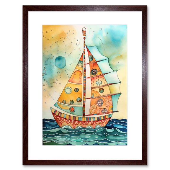 Sailboat Concept With Dorsal Fin Sail Folk Art Artwork Framed Print Wall Art 9X7 Inch