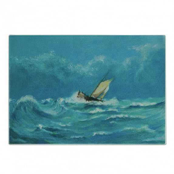 Sailboat Cutting Board, Oil Painting Style Lonely Sailing Ship Struggling in Stormy Weather, Decorative Tempered Glass Cutting and Serving Board, in 3 Sizes, by Ambesonne