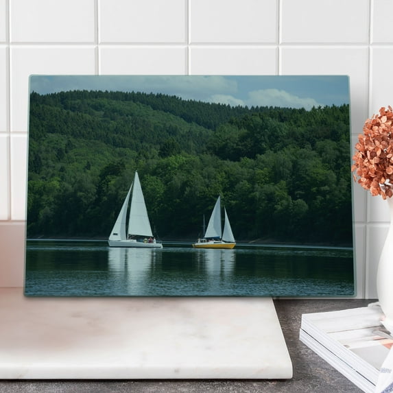 Sailboat Cutting Board, Sailboats on a Lake Forest Hill Yachting Countryside Coastline Nature Scenics, Decorative Tempered Glass Cutting and Serving Board, Large Size, Green White, by Ambesonne