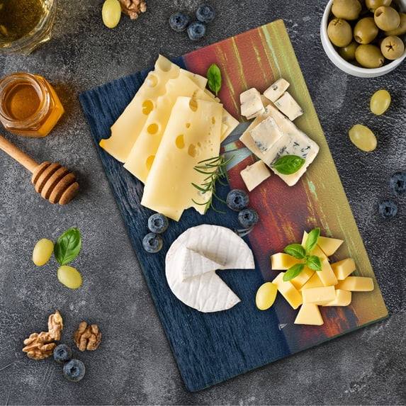 Sailboat Cutting Board, Sailboat Sailing on a Calm Evening Setting Sun Colored Sky Scenery, Decorative Tempered Glass Cutting and Serving Board, Small Size, Dark Blue Orange White, by Ambesonne