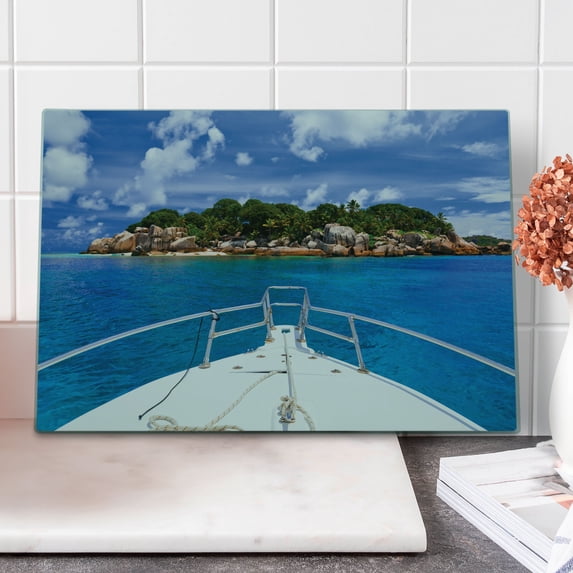Sailboat Cutting Board, Tropical Island and Boat Exotic Journey Traveling Destinations Holidays, Decorative Tempered Glass Cutting and Serving Board, Large Size, Blue Green Ivory, by Ambesonne