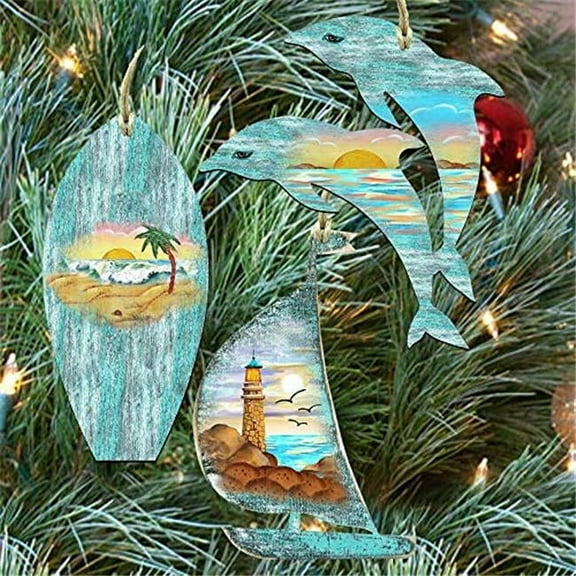 Sailboat, Dolphins & Surfboard Coastal Ornament Set