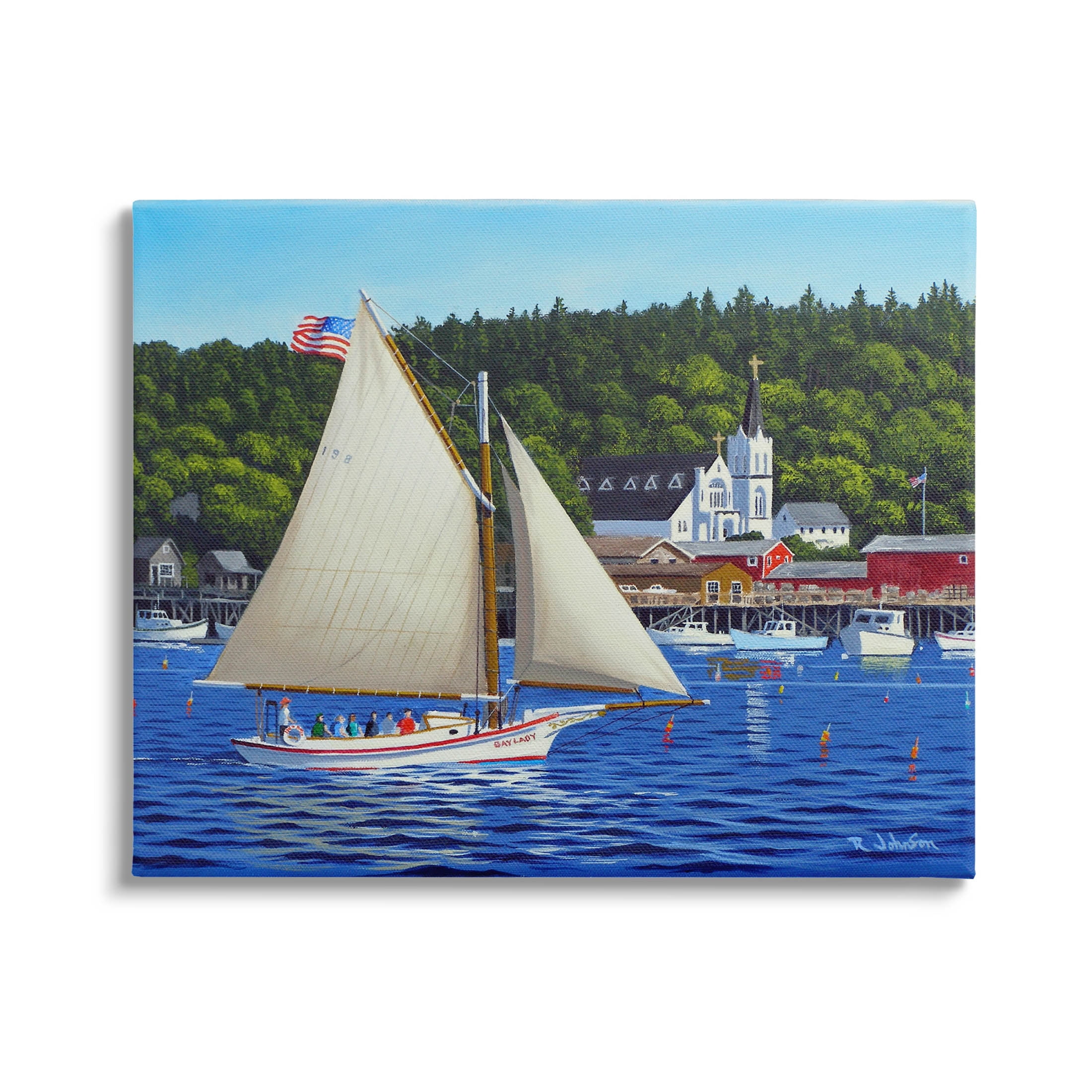 Sailboat Drifting Sea Port Harbor Landscape Painting Gallery Wrapped Canvas Print Wall Art