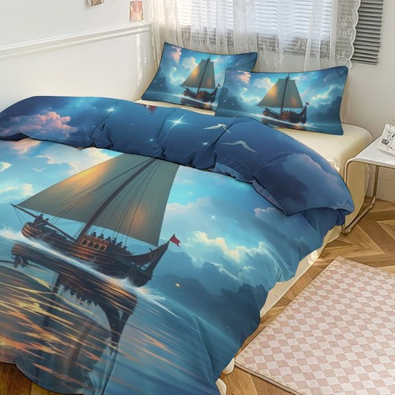 Sailboat Duvet Cover Set Bedding Set Polyester Quilt Cover for Bedroom Decoration