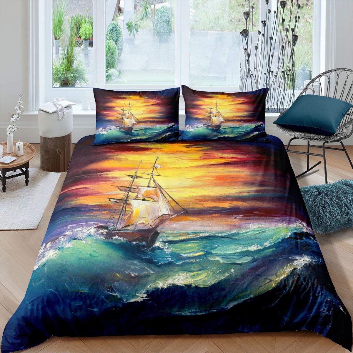 Sailboat Duvet Cover Set Nautical Bedding Set Sailing Ship Comforter