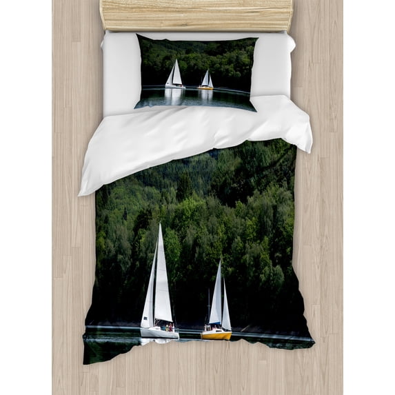 Sailboat Duvet Cover Set, Sailboats on a Lake Forest Hill Yachting Countryside Coastline Nature Scenics, Decorative 2 Piece Bedding Set with 1 Pillow Shams, Twin Size, Green White, by Ambesonne