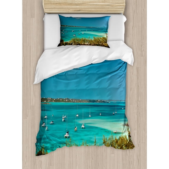Sailboat Duvet Cover Set, Sailboats and Power Boats Anchored in Crystal Clear Waters of the Bahamas, Decorative 2 Piece Bedding Set with 1 Pillow Shams, Twin Size, Teal Blue Green, by Ambesonne