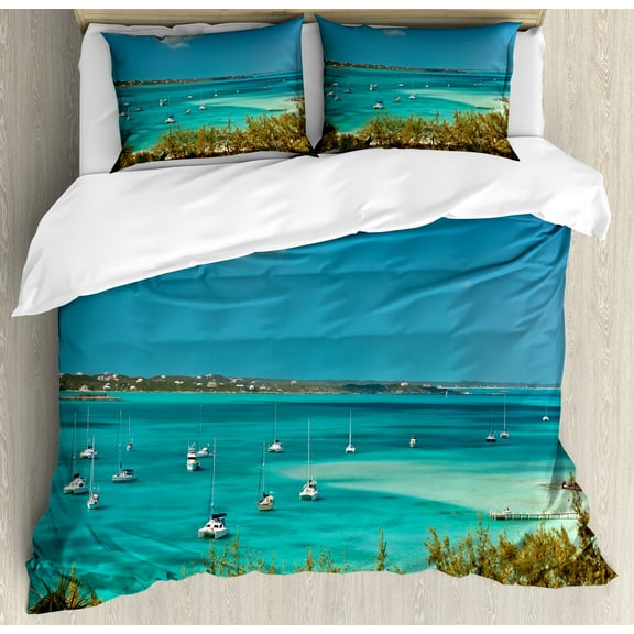 Sailboat Duvet Cover Set, Sailboats and Power Boats Anchored in Crystal Clear Waters of the Bahamas, Decorative 3 Piece Bedding Set with 2 Pillow Shams, Calking Size, Teal Blue Green, by Ambesonne