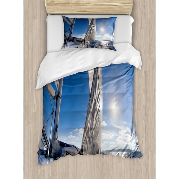Sailboat Duvet Cover Set, Sailing Boat in the Sea Maritime Speedy Beaming Sun Reflections Lifestyle Theme, Decorative 2 Piece Bedding Set with 1 Pillow Shams, Twin Size, Blue White, by Ambesonne