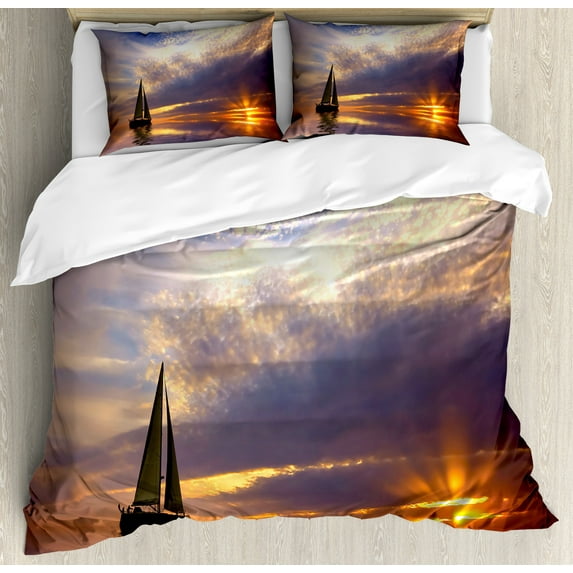 Sailboat Duvet Cover Set, Sailing with Sunset Sunbeams on the Horizon Romance Honeymoon Destination, Decorative 3 Piece Bedding Set with 2 Pillow Shams, Queen Size, Marigold Bluegrey, by Ambesonne