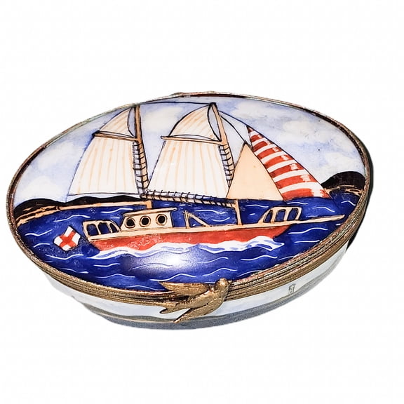 Sailboat Elegance for Nautical Collectors Limoges Box Porcelain Figurine