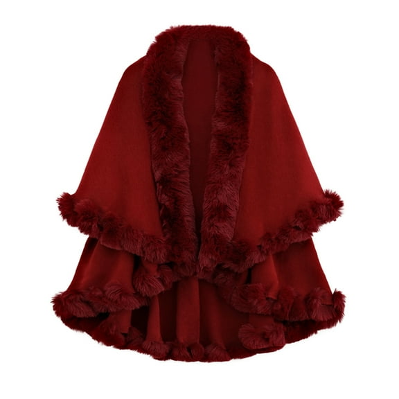 Faux Fur Trim Cardigan Cloak Shawl Wraps Winter Poncho Oversized Cape Wine One Size
