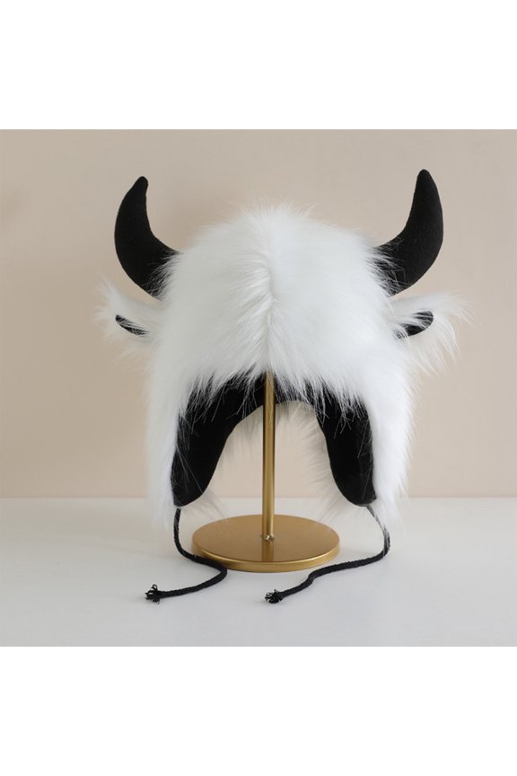 Faux Fur Trooper Hat for Women Men Furry Buffalo Hat with Horns Furry Earmuff Winter Trooper Hats Fluffy Earflap Hat White One Size